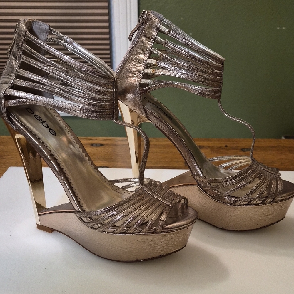 Bebe Gold Strappy Platform Heels